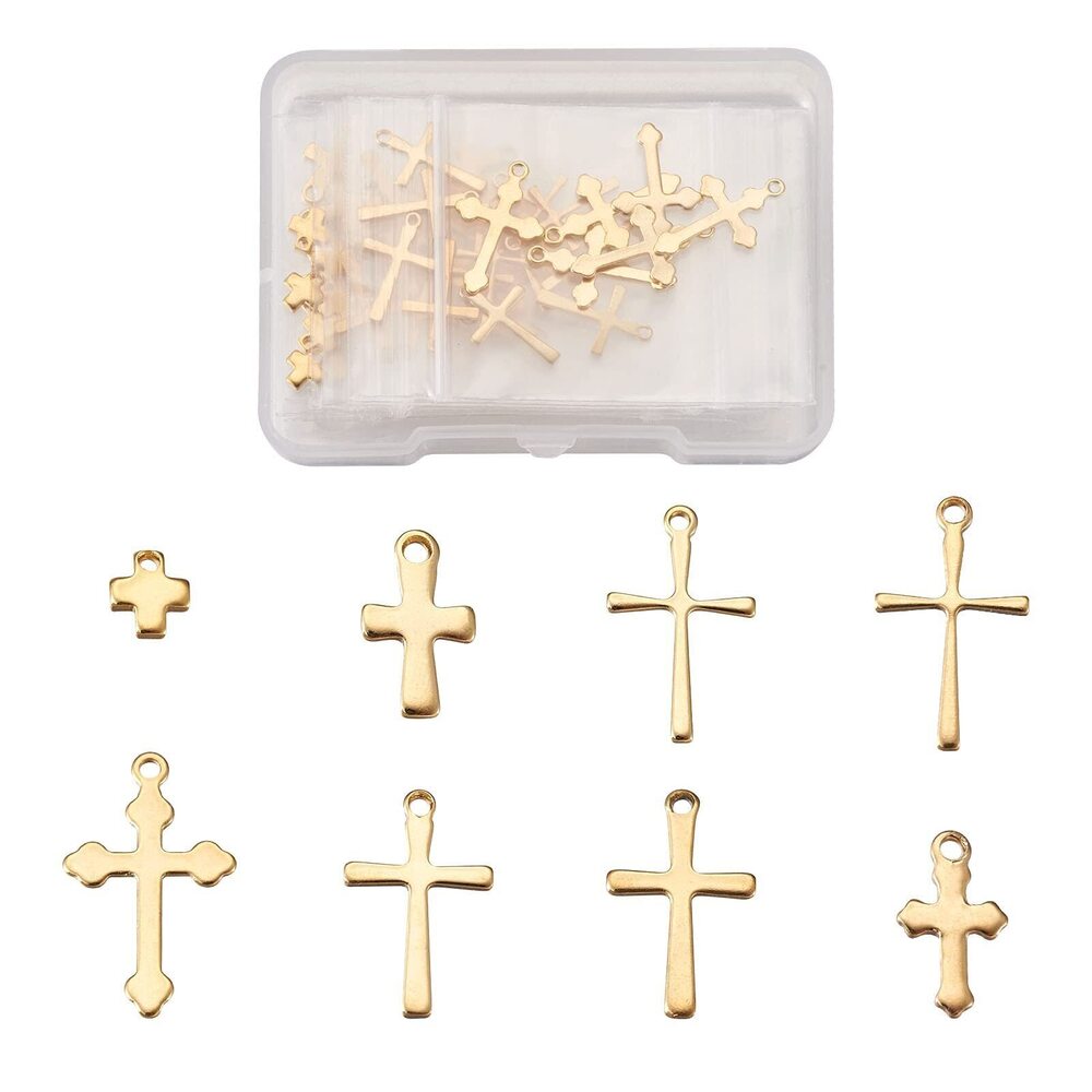 7552 KISSITTY 48pcs 304 Stainless Steel Cross Charms Bulk Antique Golden